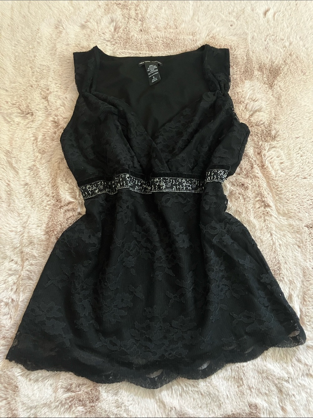 Y2k New York & Company Black Lace Peplum Babydoll Top with Embellished Waist
